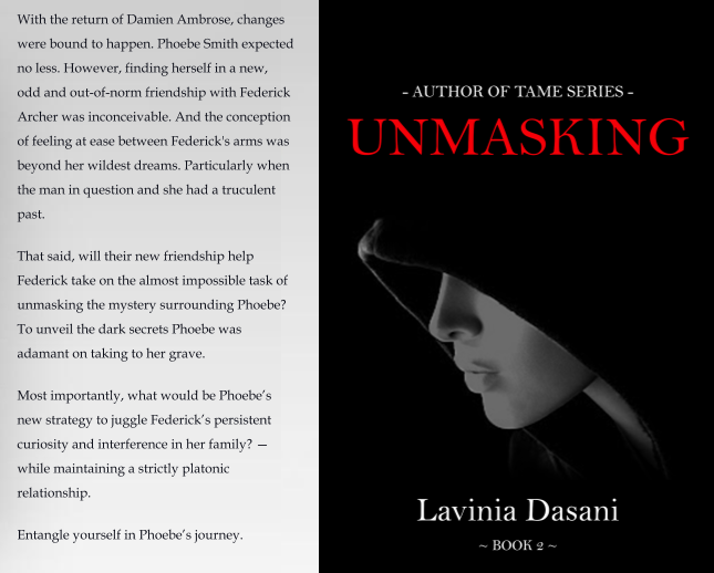 Cover and blurb of Unmasking Book 2 of Tame Series a romance and spy novel by author from mauritius